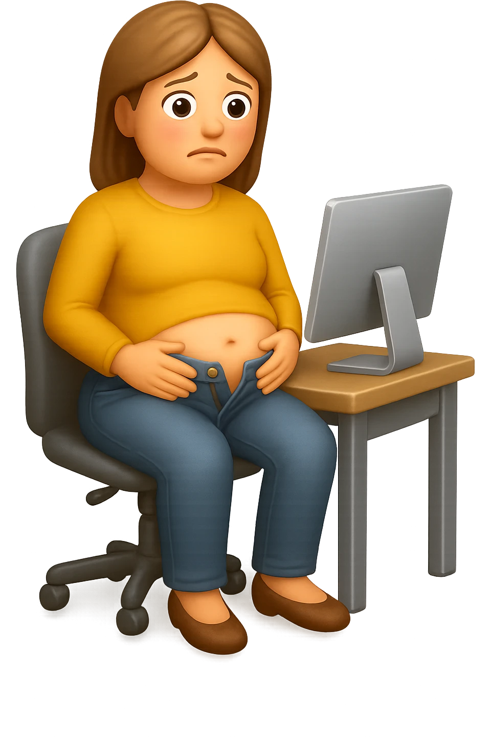 emoji stile iphone di una donna seduta alla scrivania dell'ufficio con i pantaloni sbottonati perché ha la pancia gonfia, falla a corpo intero, iperrealistico 4k emoji