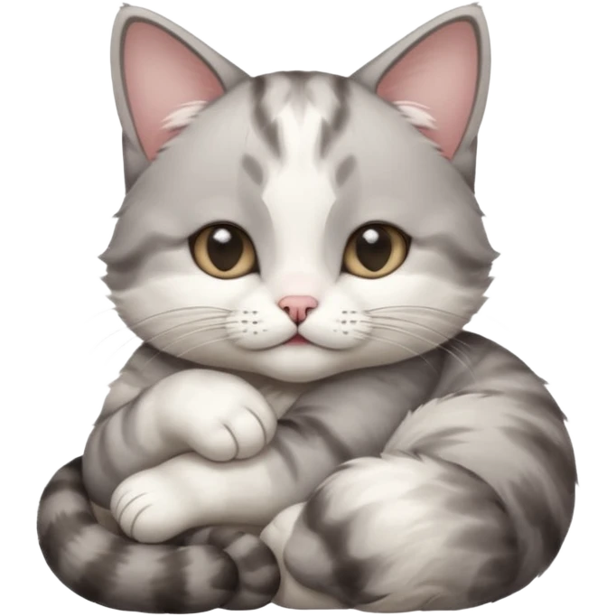 grey and white small cat with its eyes closed lying down with its paw curled under his chin holding it up emoji