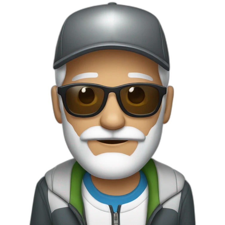 gray-haired man with a beard and mustache in sunglasses wearing a baseball cap on his head in a sports jacket emoji