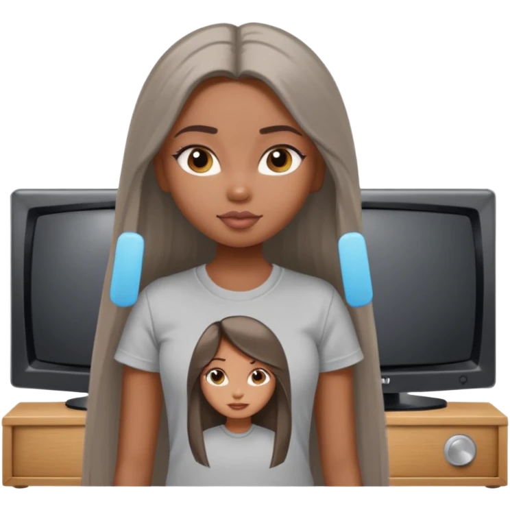 a pretty bratz dusky girl with long straight hair watching tv and wearing a grey tshirt emoji