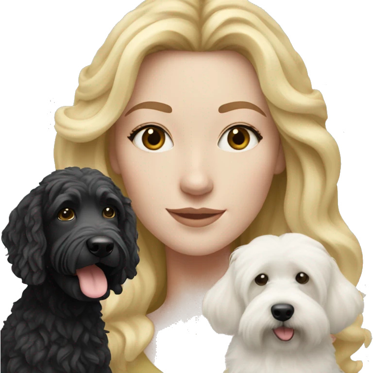 white woman with long blonde hair with a black and white bernadoodle dog  emoji