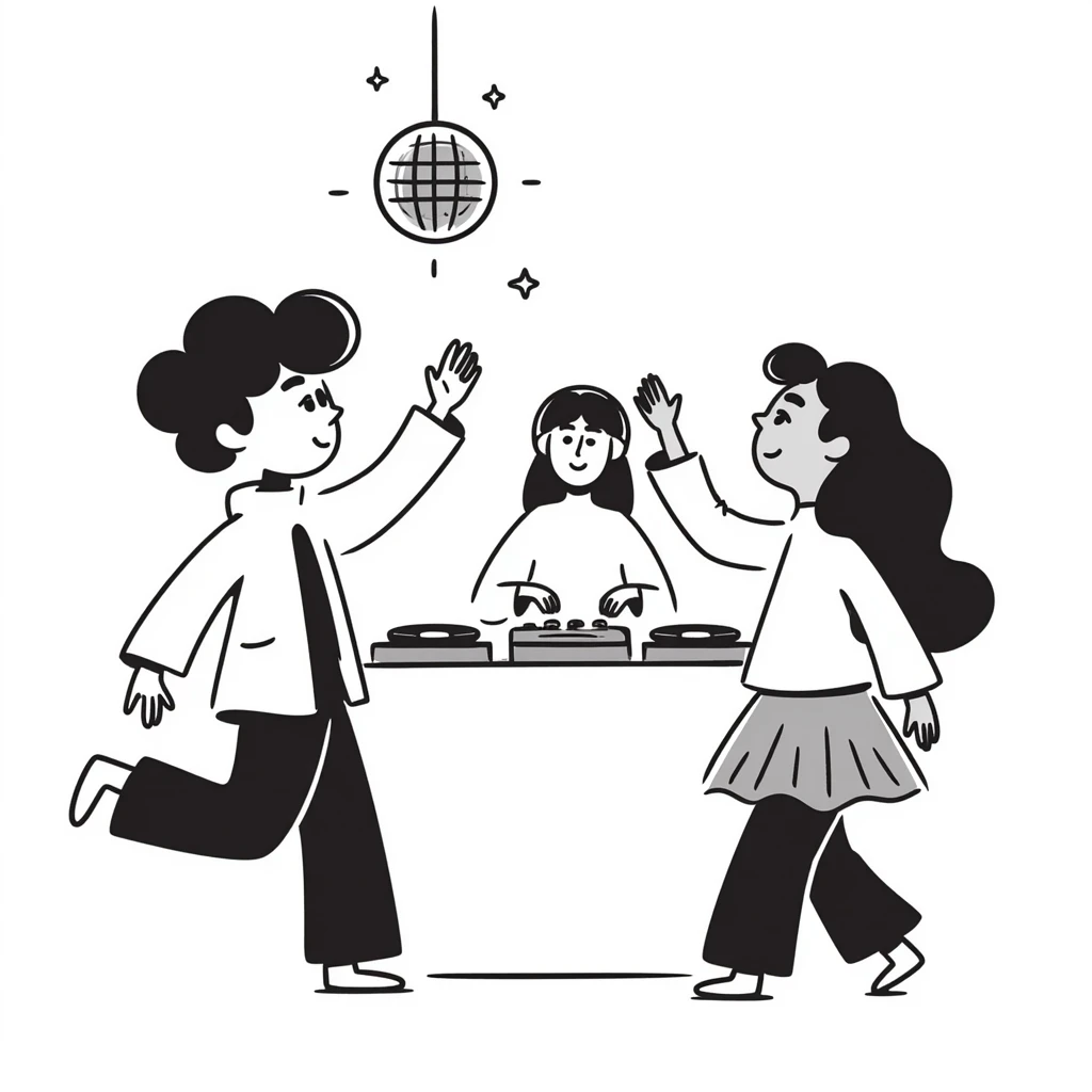 boy dance with older girl at party and DJ watching on it emoji