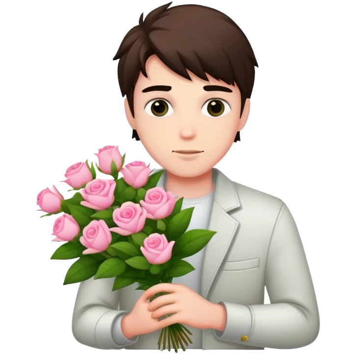 A cool bad boy with fair skin holding a bouquet of pink jasmine roses emoji