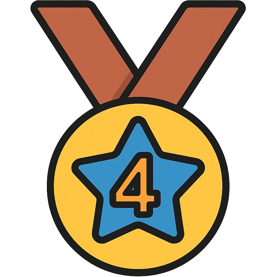 Add gold, bronze, and blue colors to the medal for 4th place with star, keep the number 4 visible, icon style, no background. emoji