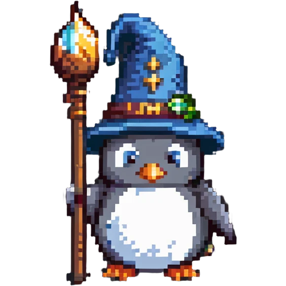 penguin wizard with a staff and wizard hat emoji
