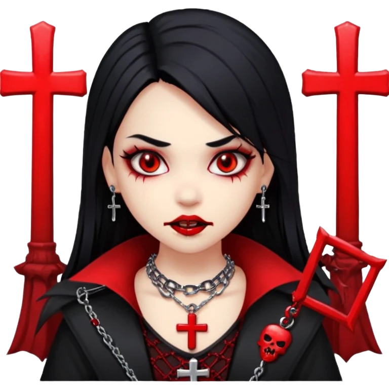 a girl with a very light skin,red eyes,fangs like vampire,black hair with red mesh,with goth clothes and a chain with a cross on it emoji