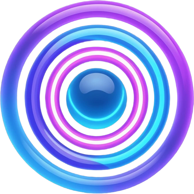 Futuristic retry symbol for a game: glowing circular energy ring with a rotating neon core, vibrant blue and violet Virtuosa colors, smooth soft shapes like a friendly floating orb, dynamic swirl effect suggesting a restart. Playful, modern, high-tech. No text. Full background.
 emoji
