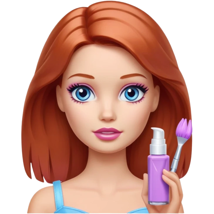 Barbie girl Chestnut-red Shoulder-length hair and blue eyes is In pale purple smears by hand cosmetic cream on her face emoji