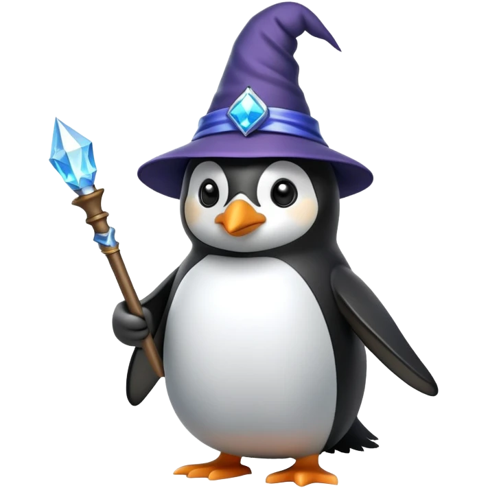 Penguin wizard with wizard hat and magic wand emoji