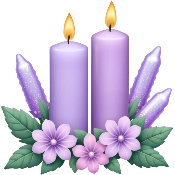 Aesthetic scenic romantic lavender lilac pastels beautiful gorgeous holy divine spiritual pretty elegant sparkly shiny scene of Candles, flowers, plants leaves, scenic aesthetic scenery emoji