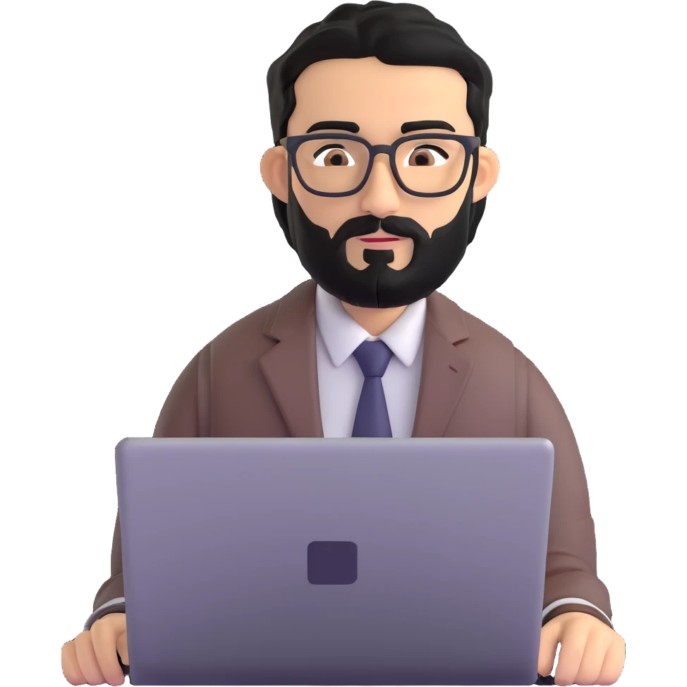 professional man with medium black beard, neat black hair, connected unibrow, olive tan skin, brown eyes, glasses, prominent nose, wearing business casual attire, typing on laptop, slightly turned to the side emoji