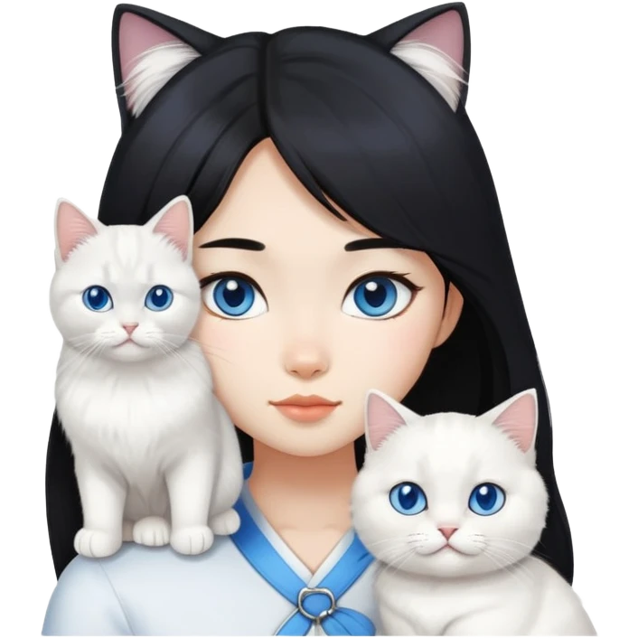 black hair Asiangirl with White British longhair cat blue eyes  emoji