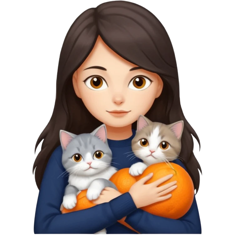 a girl with long dark brown hair, in a navy sweater, hugs a persian peaknose grey cat and persian peaknose orange and white kitten emoji