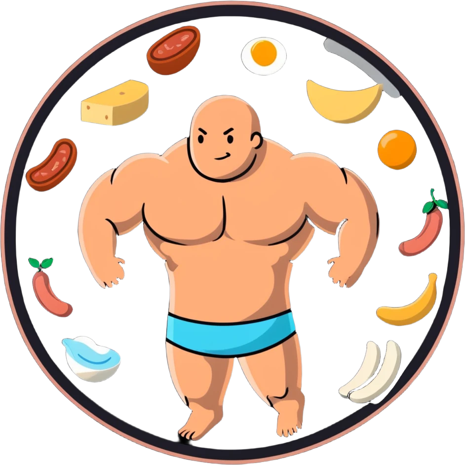 A floating warm orb with bright food icons (meat, egg, beans, tofu, yogurt) orbiting around a semi-transparent muscular human body. The body glows from within, with visible muscle fibers vibrating and expanding. emoji