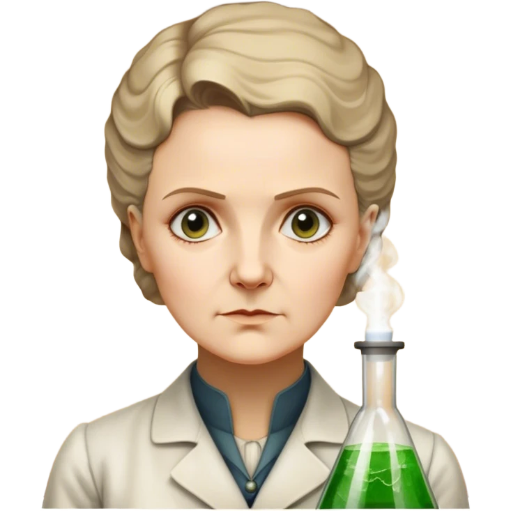Cinematic Realistic Marie Curie Portrait Emoji, depicted as a pioneering scientist with a determined gaze in period attire, rendered with detailed textures and soft intellectual lighting that captures her groundbreaking legacy. emoji