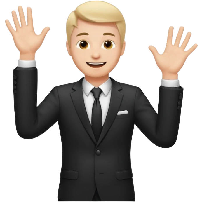 white man in formal suit throws up his hands emoji
