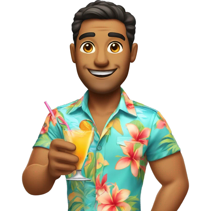 a guy in a Hawaiian shirt and light pants holds a cocktail emoji