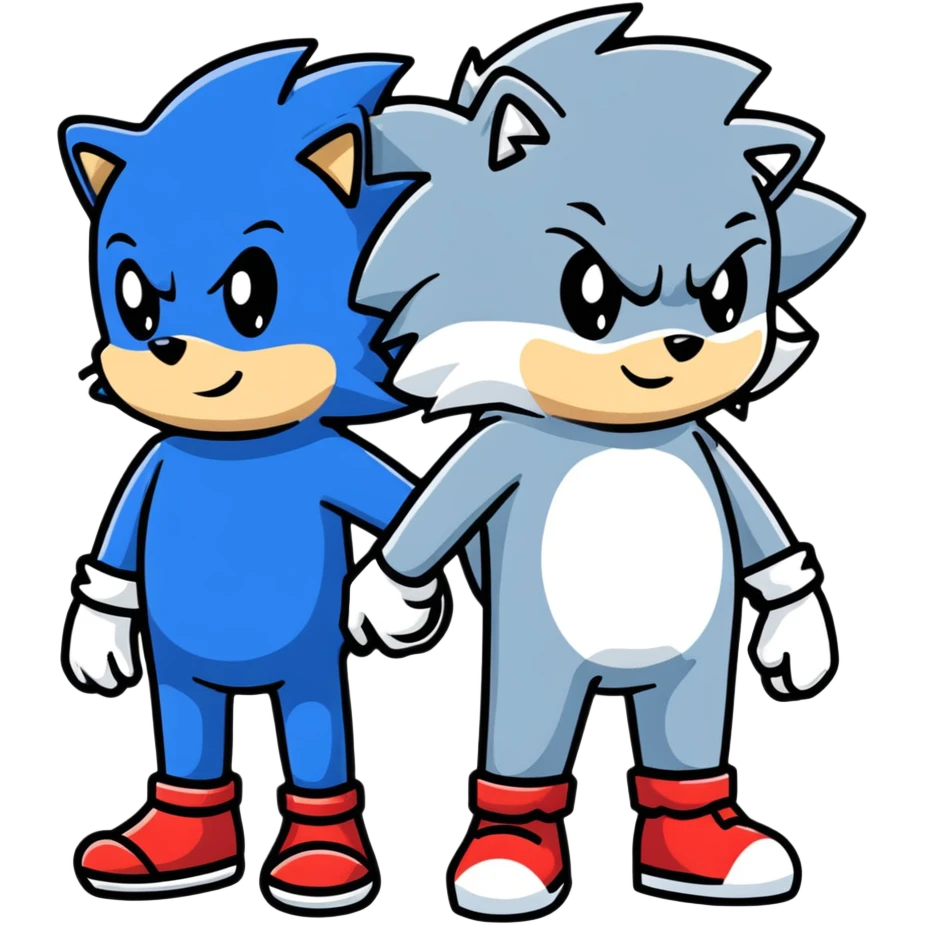 Sonic the blue hedgehog and Silver the white/silver hedgehog holding hands together as friends emoji