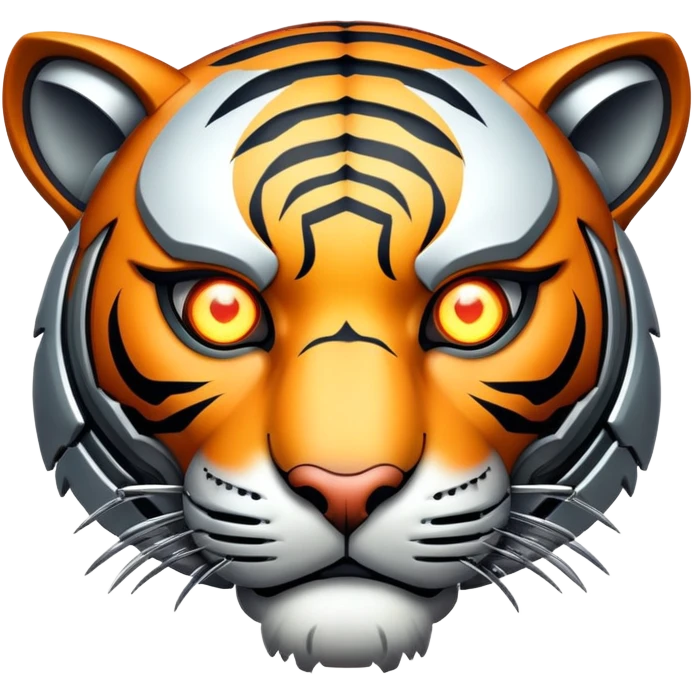 cyborg tiger face with robotic parts and glowing eye for Twitch emote emoji
