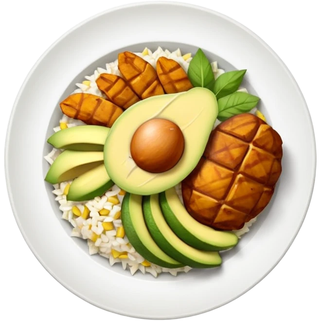 plato con pollo blanco asado en tiras, arroz blanco, rodajas de aguacate y maíz amarillo, vista desde arriba, fondo blanco, estilo simple. emoji