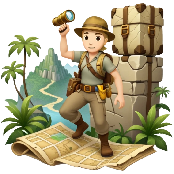 An icon featuring an adventurer in a dynamic action pose, with treasure maps, ancient ruins, and jungle landscapes in the background. The design includes clues, hidden passages, and climbing gear, symbolizing the thrill of exploration and discovery. Transparent background. emoji