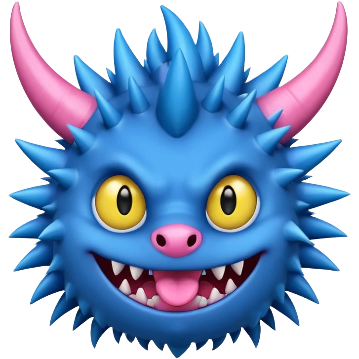 A blue monster with two small black horns, spiky fur, large round yellow eyes, a wide grin showing sharp teeth, and its tongue playfully sticking out to the side. emoji