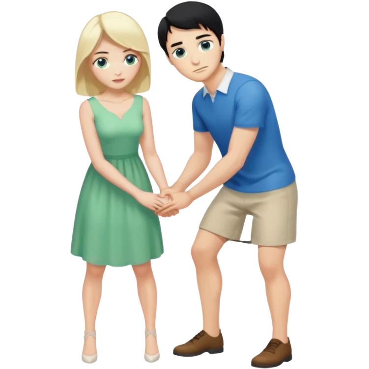 King, man, standing, black Hair, blue eyes, whole body, Woman, bending knees, blonde, green eyes, White Dress, emoji