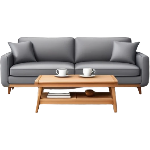 A stylish living room with sofa, coffee table, and decorative items emoji