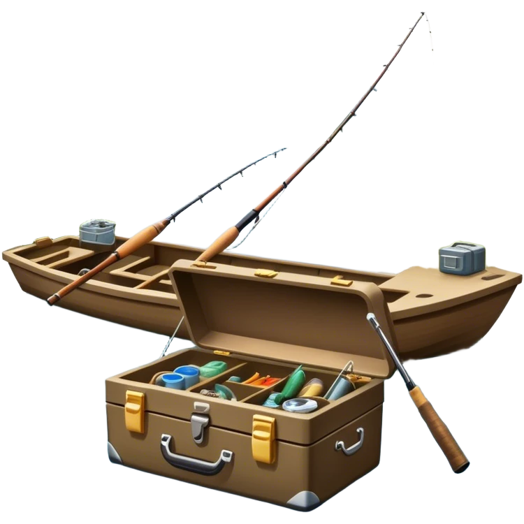 Icon for Fishing: a boat on the shore of a peaceful water body with a beautiful natural landscape, a fishing tackle box, a spinning rod. The icon should capture the tranquility and gear of a fishing adventure. Without frame. Transparent background. emoji