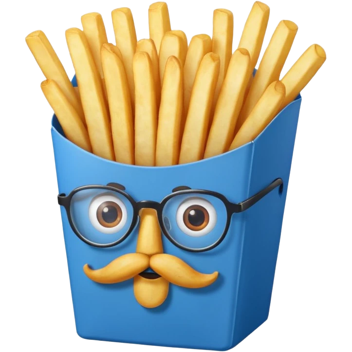 long slim crispy fries in a blue carton, carton has eyes and mustache and glassess emoji