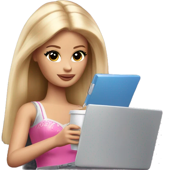 tired barbie with laptop drinking coffee emoji