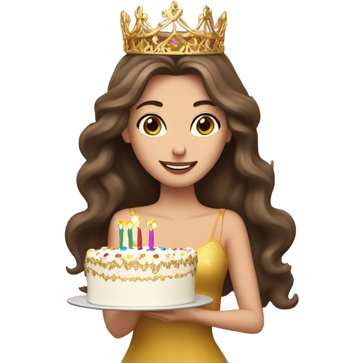 Caucasian long haired brunette with birthday cake and gold tiara emoji