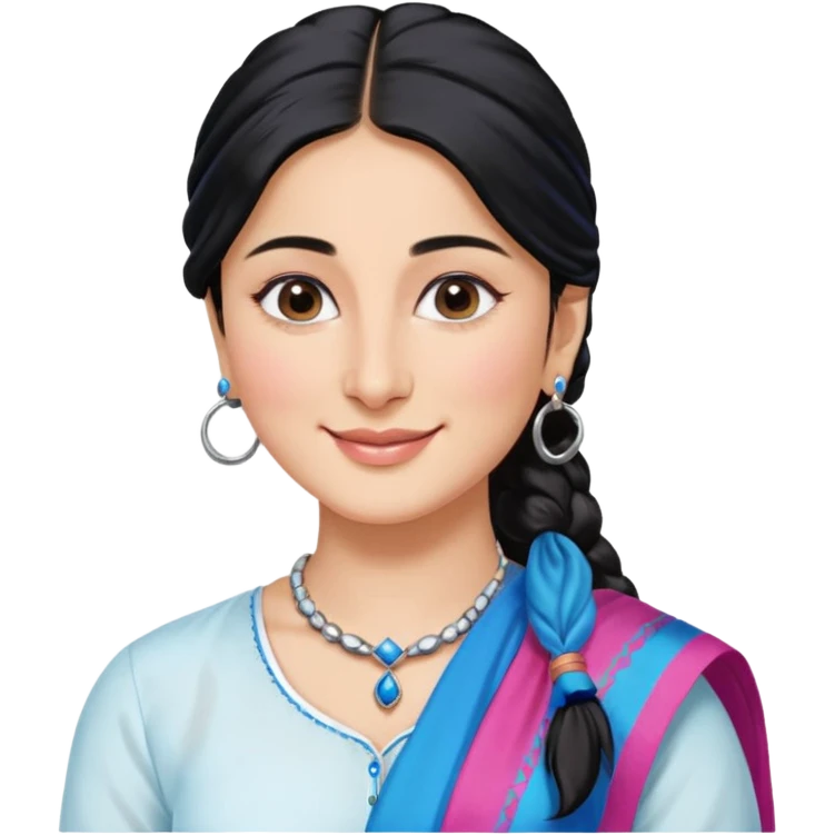 generate a pretty bratz emoji that looks like Kareena Kapoor's Geet character. 
Make her wear a white shirt with a colorful blue-pink dupatta wrapped around her neck. smiling big. Black hair tied into a side part ponytail, silver hoops and no necklace

She should look exactly  like Kareena Kapoor emoji