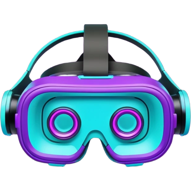 Futuristic glowing neon VR headset emoji, purple and cyan light, dark background, digital tech style emoji