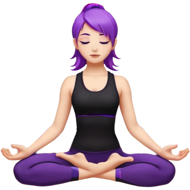 A young woman with purple hair doing yoga in the camel pose (Ustrasana), wearing a black sports outfit, minimalistic background with mandala pattern and colorful stars, soft lighting, peaceful atmosphere, digital illustration style. emoji