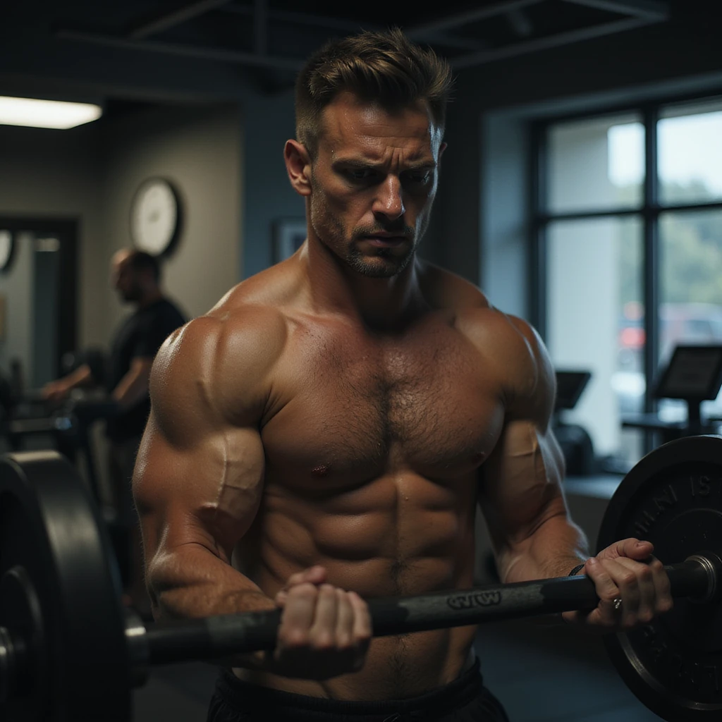realistic, dramatic lighting; muscular man in modern gym, lifting weights, tense and tired expression, sweat, eyes with emotional fatigue, background with faint stress symbols (emails, clocks), gym equipment, slight surreal effect emoji