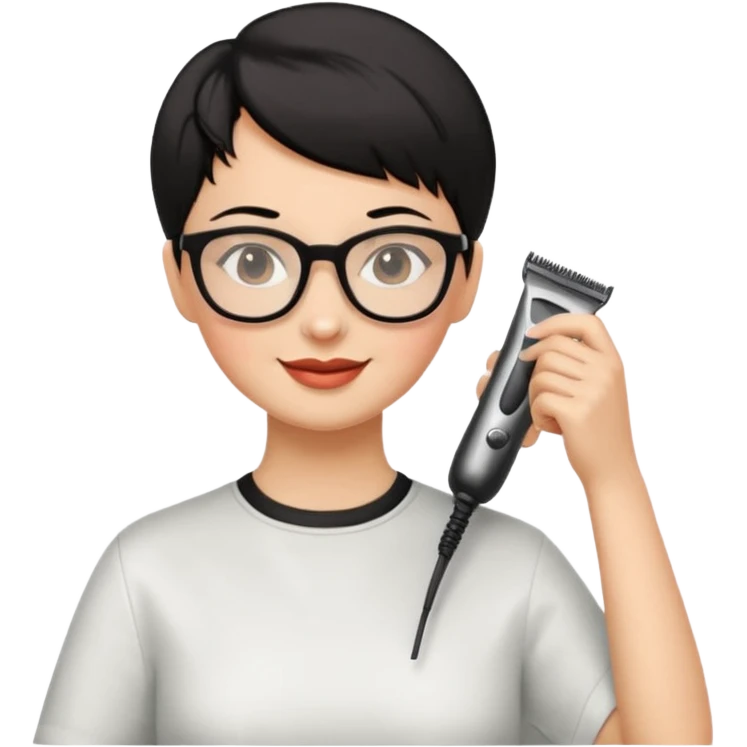 Happy woman with very short hair and glasses having haircut emoji