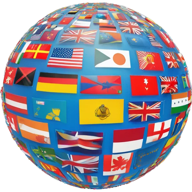Glowing globe with interconnected lines, surrounded by small country flags, representing virtual connections across 100+ countries. Modern, tech-inspired design. emoji