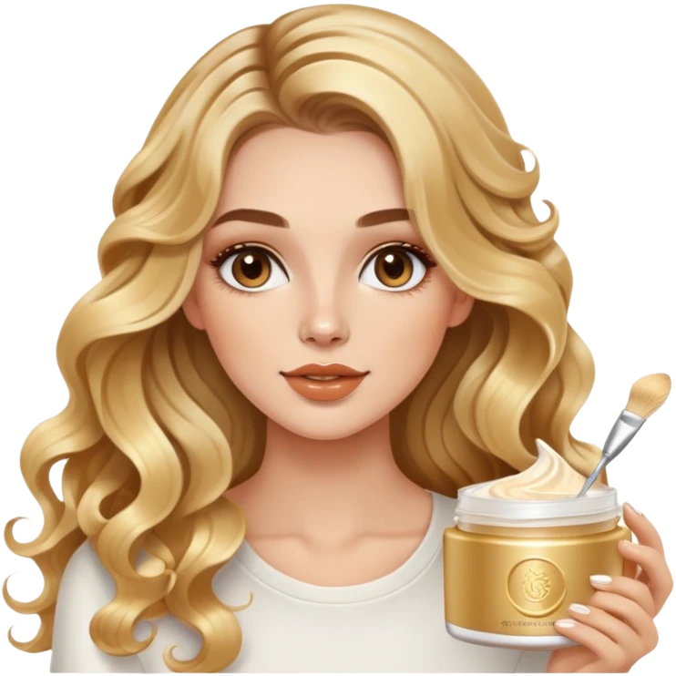 beautiful brunette with a gold blonde balayage white girl with nice curls/defined waves, very long hair, clean girl makeup APPLYING A FACE CREAM ON HER FACE emoji