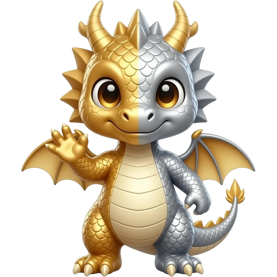 gold and silver dragon chibi waving, emoji
