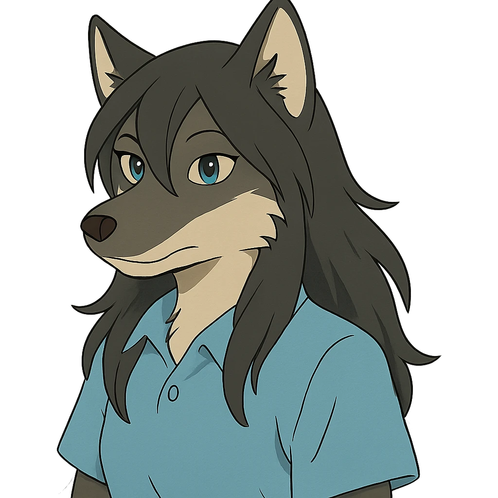 anime style wolf furry character with blue eyes, long black hair, wearing a light blue shirt emoji