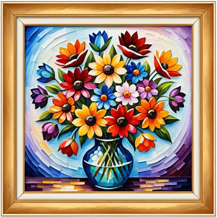 picture frame with painting of flowers, Vibrant colors, Afremov style emoji