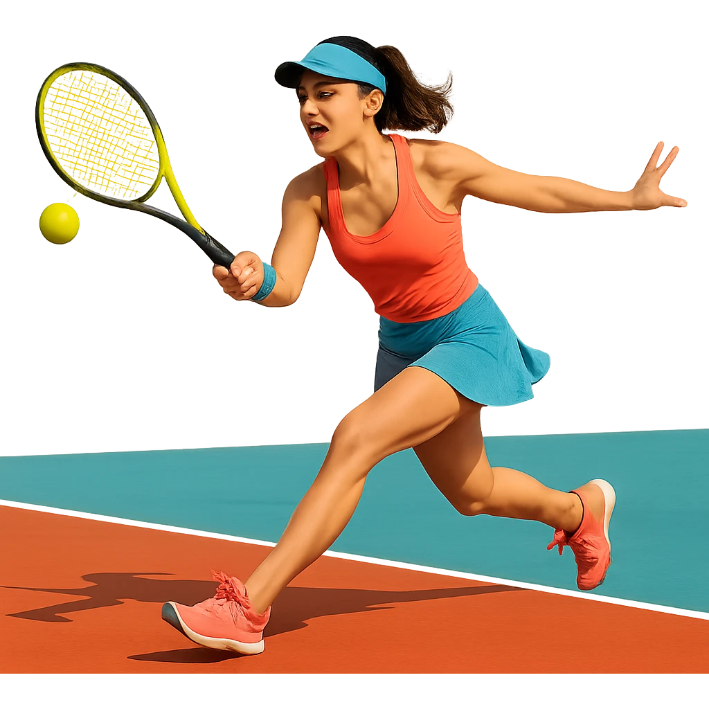 a woman tennis player, energetic pose, modern sportswear, on a tennis court, vibrant colors, clean background emoji