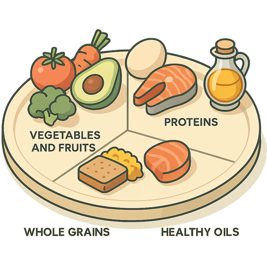 Harvard plate in isometric view, divided into four sectors: vegetables and fruits, whole grains, proteins, and a small sector for healthy oils. Each sector with corresponding foods, very detailed drawing, shadows and highlights, clean contours, soft lighting, transparent background. emoji