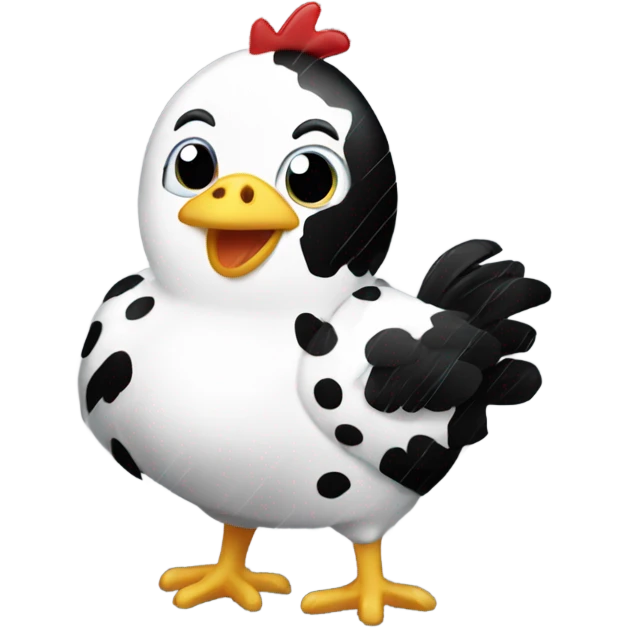 Black and white spotted chicken in the rain emoji
