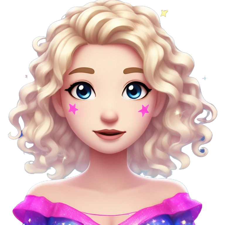 Hair: Light blonde with neon pink and violet highlights, long with curls, glowing star-shaped clips or a sparkling tiara. Eyes: Bright blue, large and expressive. Outfit: Off-shoulder top with neon accents and starry patterns. Anime style emoji