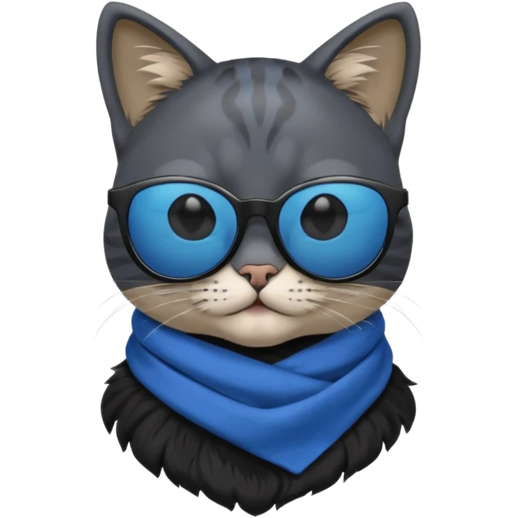 cat head, black fur, blue scarf, black sunglasses emoji
