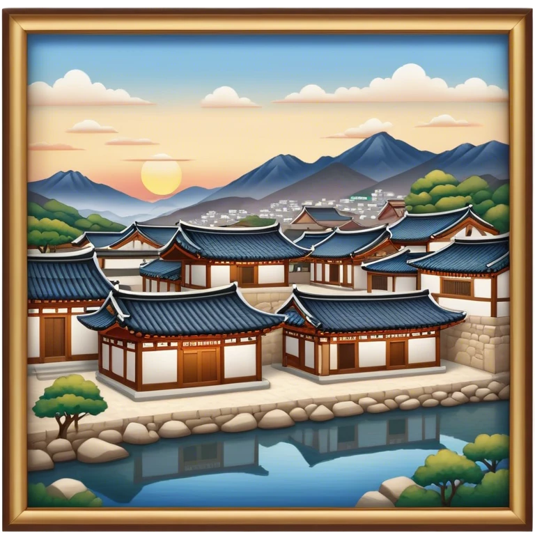 Cinematic Realistic Bukchon Hanok Village Landmark Emoji, depicted with traditional Korean houses set against a scenic backdrop rendered with detailed textures and warm, inviting lighting. emoji
