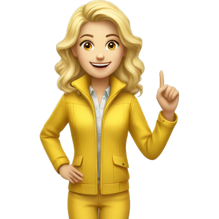 a beautiful blonde girl dressed in a yellow jacket suit. she is smiling and has one hand pointing at something above her. emoji