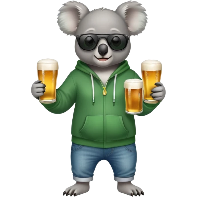 anthropomorphised koala, full body, wearing a hoodie and jeans, dark sunglasses, headphones, dressed for St. Patrick's Day emoji